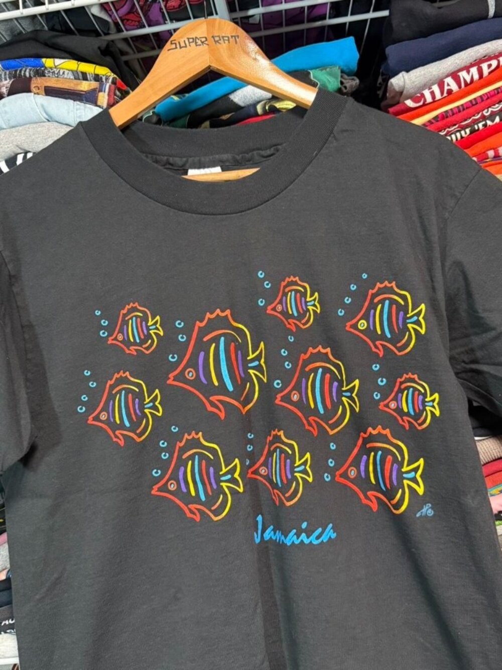 90s Jamaica fish black travel single stitch anvil red bar t-shirt
